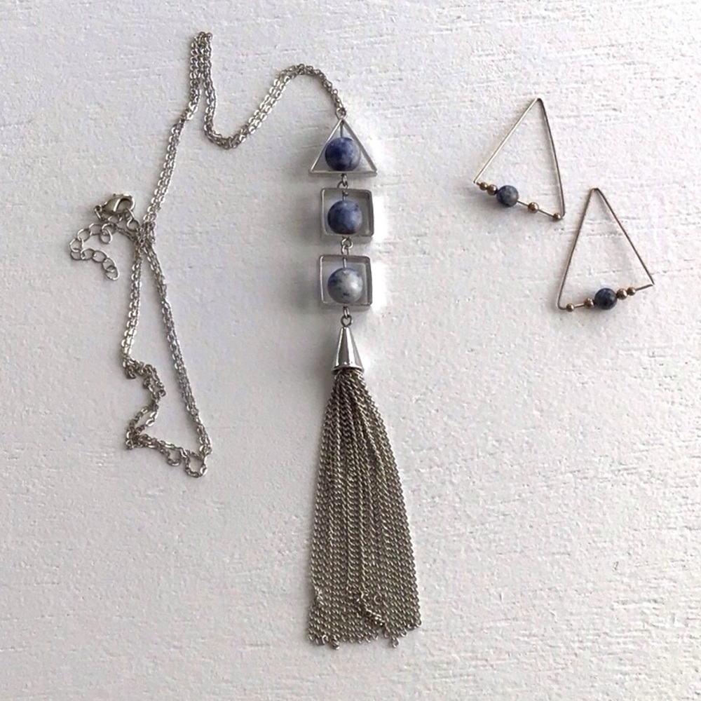 Geometric Tassel Necklace and Earrings With Sodalite Bead Accents